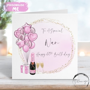 Carte d'anniversaire personnalisée Nan rose et or, ballons à thème tout âge 40e 50e 60e 70e 80e 90e 100e 65e 75e 85e 90e 100e