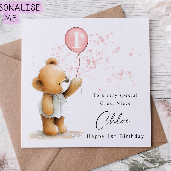 Personalised Great Niece Bear Birthday Card - Cute Bear with Age & Name Card for Him Medium or Large card for her 1st 2nd 3rd 4th 5th 6th