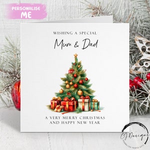 Tarjeta navideña para mamá y papá. Tarjeta para padres con árboles y regalos temáticos en rojo y verde