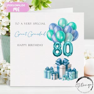 Carte d'anniversaire personnalisée arrière grand-père, tout âge - ballons bleus/verts 50e 55e 60e 65e 70e 75e 80e 85e 90e 95e