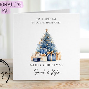 Cartão de Natal personalizado para sobrinha e marido, árvores e presentes com tema azul e dourado, cartão de casal