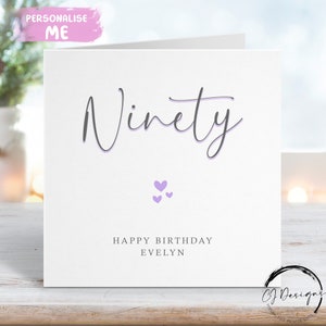 Carte d'anniversaire personnalisée pour les 90 ans - carte de voeux calligraphie imprimée violette et grise pour tous les âges 16 ans, 18 ans, 21 ans, 30 ans, 50 ans, 40 ans, 60 ans, 70 ans, 80 ans,