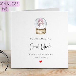 Great Uncle Christmas Card - Personalised Card with Pink Theme Snowman Snow Globe