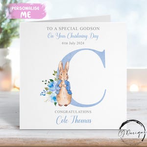 Cartão de batizado personalizado do afilhado do Peter Rabbit, cartão de felicitações com nome inicial e data, lembrança de batizado
