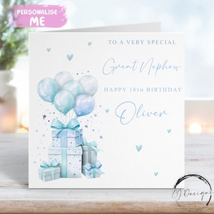 Biglietto di auguri di compleanno personalizzato per pronipote con design azzurro pallido, regali e palloncini per qualsiasi età 16°, 18°, 21°, 25°, 30°, 35°, 40°, 45°, 50°, 55°, 60°