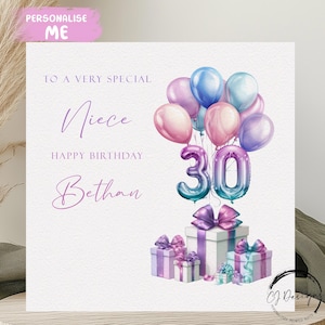 Gepersonaliseerde nichtje verjaardagskaart elke leeftijd/naam pastel veelkleurige nummer ballonnen 15e 16e 17e 18e 21e 25e 30e 40e 45e 50e 55e