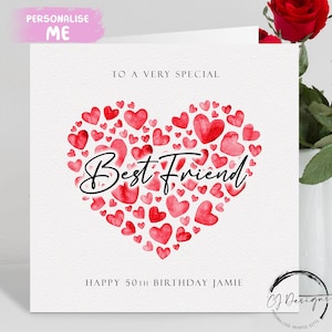 Carte d'anniversaire personnalisée meilleur ami, coeurs rouges N'IMPORTE QUELLE TEXTE/ÂGE/ Prénom 18ème 21ème 25ème 30ème 35ème 40ème 45ème 50ème 55ème 60ème 65ème 70ème 80ème