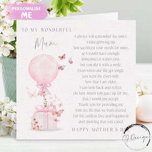 Moeder Moederdagkaart, gedichtenkaart: roze ballon en cadeau: WELKE BEWOORDING