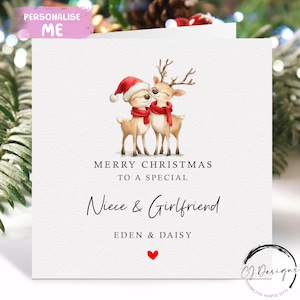 Gepersonaliseerde kerstkaart voor nicht en vriendin - Loving Reindeer Female Couple Card and Red Heart