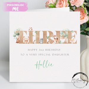 Carte d'anniversaire personnalisée pour le troisième anniversaire de sa fille : animaux de la forêt, thème neutre - 3e anniversaire de la petite fille