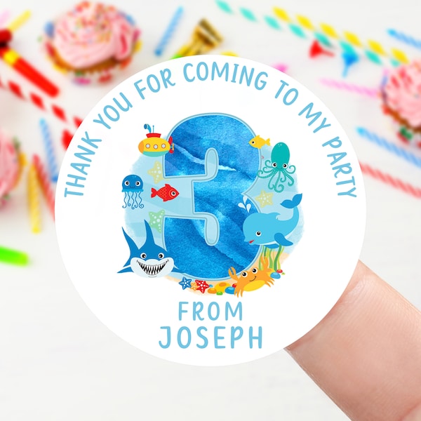 Personalised Birthday Stickers - Age 1-9 Under the Sea Themed Birthday Party Bag Thank You Sticker 37mm/45mm /51mm/64mm- Sweet Cone Labels