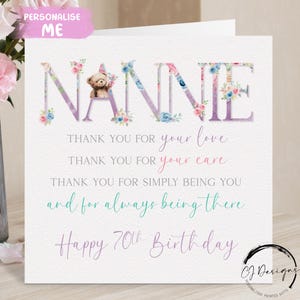 Carte d'anniversaire personnalisée nounou, poème - carte de voeux florale rose pour tous les âges avec ours en peluche 50e 60e 65e 70e 75e 80e 90e 100e