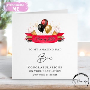 Carte personnalisée de remise des diplômes pour papa - avec nom de ballons et université - À ma/à notre carte moyenne ou grande, TOUTE L'ANNÉE