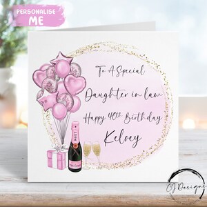 Personalisierte Schwiegermutter Geburtstagskarte - Pink & Gold Thema mit Luftballons Jedes Alter 20 21 30 40 50 60 70 80 90