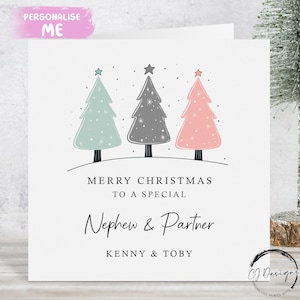 Gepersonaliseerde neef- en partnerkerstkaart - Minimalistische kerstboomthemakaart met namenpaarkaart