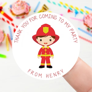 Gepersonaliseerde verjaardagsstickers met brandweerman - Sticker verjaardagsfeestje bedankje - stickers zoete kegel 37 mm of 51 mm Kinderen