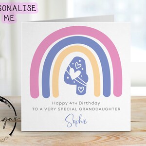Cartão de aniversário especial personalizado para neta, - idades de 1 a 10 anos Cartão de felicitações arco-íris 1º, 2º, 3º, 4º, 5º, 6º, 7º, 8º, 9º, 10º