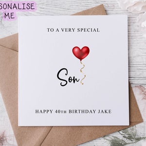 Cartão de aniversário personalizado para filho, cartão para ele com balão de coração vermelho, qualquer idade e nome, médio ou grande, 18, 21, 30, 40, 50, 60
