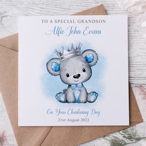 Carte personnalisée de baptême de petit-fils, carte de voeux mignonne avec nom et date de l'ours bleu, filleul souvenir du jour du baptême, neveu