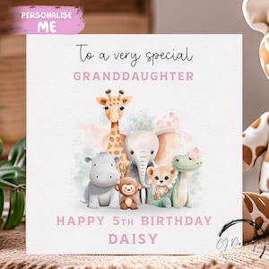 Cartão de aniversário personalizado para neta com nome de animais do Safari e qualquer idade - para ela 1º, 2º, 3º, 4º, 5º, 6º, 7º, 8º, 9º e 10º