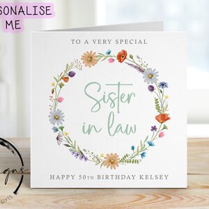 Carte d'anniversaire personnalisée belle-sœur - couronne de fleurs sauvages - tout âge/nom, carte de voeux 21, 30, 40, 50, 60, 70, 80, 90
