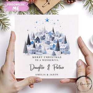 Personalisierte Tochter & Partner Weihnachtskarte - Blaue Farbe Themed Weihnachtsszene Paarkarte