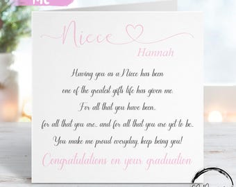 May include: A white greeting card with pink text that reads "Niece Hannah" and a heartfelt message. The card is personalized with the words "Personalise Me" in a pink banner. The card is a graduation gift.
