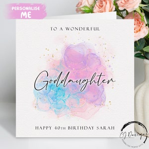 Personalisierte Patentochter Geburtstagskarte Lila, Blau & Pink Splash Design für jedes Alter 14.15.16.18.19.20.21.30.40.50.60