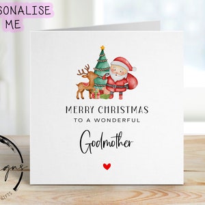 Cartão de Natal para a maravilhosa árvore de Natal da madrinha com Papai Noel e renas