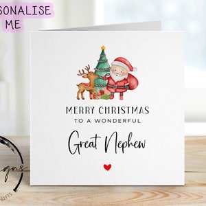 Biglietto di auguri di Natale per il meraviglioso pronipote Albero di Natale con Babbo Natale e renne