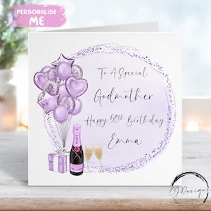 Cartão de aniversário personalizado para madrinha, tema roxo, balões, qualquer idade, 16, 17, 18, 21, 30, 40, 50, 60, 70, 80, 90, 100