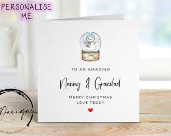 Nanny & Grandad Christmas Card - Personalised Card with Blue Theme Snowman Snowglobe