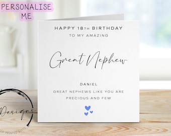 Personalised Great-Nephew Birthday Card- Precious & Few Quote Blue Hearts -Any Age