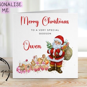 Biglietto di Natale personalizzato per figlioccio speciale, trenino di caramelle e pan di zenzero con Babbo Natale