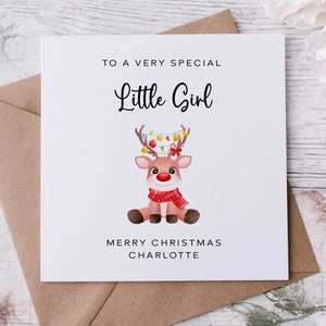 Personalisierte Weihnachtskarte für spezielle kleine Mädchen, Rentier mit Weihnachtslichter Karte für Sie, Frohe Weihnachten Grußkarte