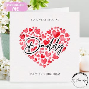 Biglietto di auguri di compleanno personalizzato per papà, cuori rossi QUALSIASI TESTO Qualsiasi età 45° 50° 55° 60° 65° 70° 75° 80° 85° 90° 95° 100°