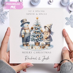 Personalised Auntie & Uncle Christmas Card -Snowman and snow-women Couple Card with Names