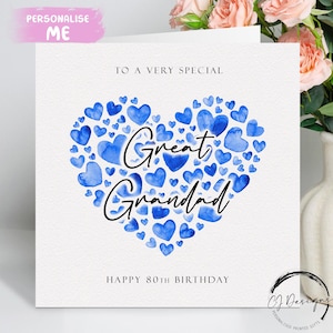 Carte d'anniversaire personnalisée arrière-grand-père, coeurs bleus TOUT TEXTE /ÂGE/ 50e 60e 65e 70e 75e 80e 85e 90e 95e 100e