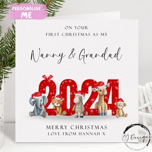 Carte de Noël personnalisée pour nounou et grand-père 2024 - Premier Noël avec animaux de safari As My Card