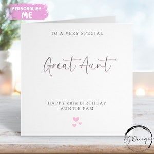 Carte d'anniversaire personnalisée grand-tante - gris et rose pour tous les âges 14ème 15ème 16ème 17ème 18ème 19ème 20ème 21ème 30ème 40ème 50ème 60ème 70ème 80ème