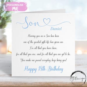 Carte d'anniversaire personnalisée fils, poème, citation, carte souvenir, tout âge 16, 18, 21, 30, 40, 50, 60