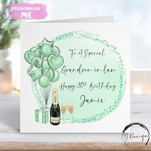 Carte d'anniversaire personnalisée beau-fils vert ballons Tout âge 16e 18e 21e 30e 40e 50e 60e