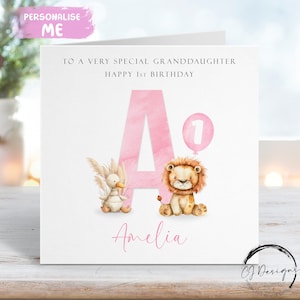 Cartão de aniversário personalizado para neta com inicial de leão e pato - nome e idade - para ela QUALQUER IDADE 1º 2º 3º 4º 5º 6º 7º 8º 9º 10º