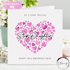 Carte d'anniversaire personnalisée belle-fille, coeurs roses N'IMPORTE QUELLE TEXTE/ÂGE/ Nom 16e 17e 18e 19e 21e 25e 30e 35e 40e 45e 50e 60e