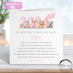 Cartão personalizado do dia dos pais do papai - Tema da selva da cor rosa Primeiro dia dos pais como meu poema do papai - Nome QUALQUER PALAVRA 1º dia dos pais