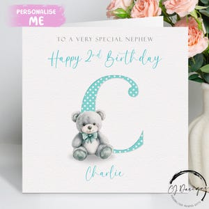 Cartão de aniversário personalizado para sobrinho, nome inicial e idade, cartão de felicitações do Urso Verde, 1º, 2º, 3º, 4º, 5º, 6º e 7º, lembrança para qualquer idade