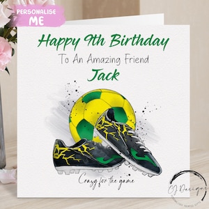 Tarjeta de cumpleaños personalizada para un amigo futbolista, amarilla y verde, pequeña o grande. Nombre y edad del futbolista: 6.º, 7.º, 8.º, 9.º, 10.º, 11.º, 12.º y 13.º