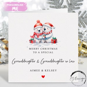 Biglietto di Natale personalizzato per nipote e nipote, biglietto di coppia femminile con orso polare e cuore rosso
