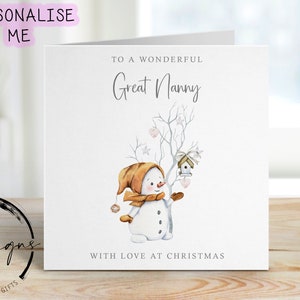 Merveilleuse merveilleuse grande carte de Noël de nounou - joli bonhomme de neige et arbre avec des cartes minimales de coeurs