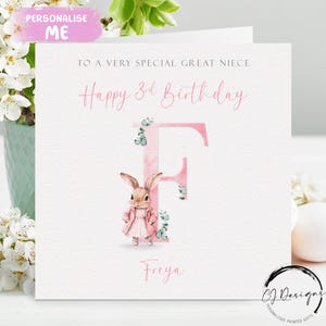 Carte d'anniversaire personnalisée petite nièce, initiale nom/date carte de voeux alphabet lapin rose, 1er 2e 3e 4e 5e 6e 7e souvenir